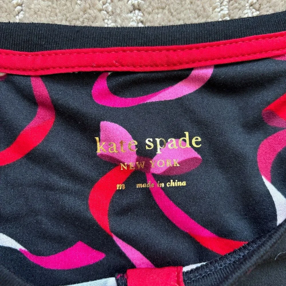 Kate Spade Henley Ribbon Bow Pajama Top Long Sleeve Sz Medium Black Pink *Flaw*